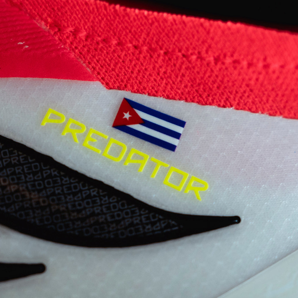 Close-up of a sports shoe with 'Predator' branding and a flag design on a red, white, and black background.