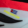 Close-up of a sports shoe with 'Predator' branding and a flag design on a red, white, and black background.