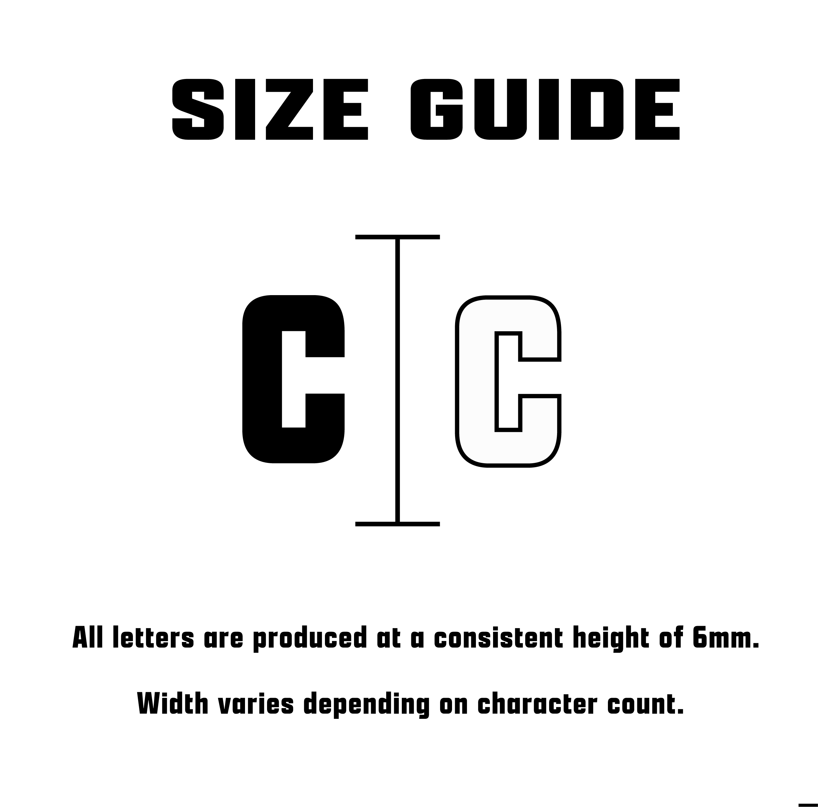 Size guide for letter 'C' with consistent height and varying width on a white background